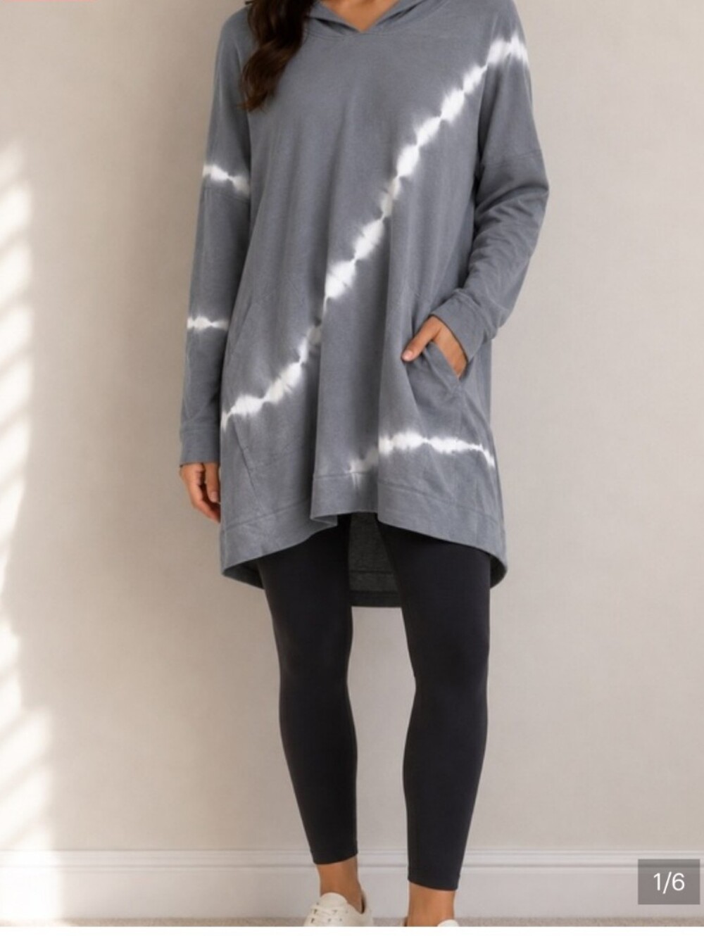 J.Jill Pure Jill Tie-Dye Stripe Hooded Sweatshirt Pockets Cotton Tunic Blue Gray